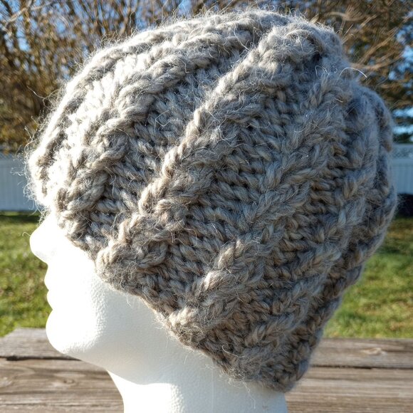 Alpaca Beanie Skully Hat Men Thick Chunky Hand Knit Wool Rib Barn Owl Beige L XL - Picture 9 of 9